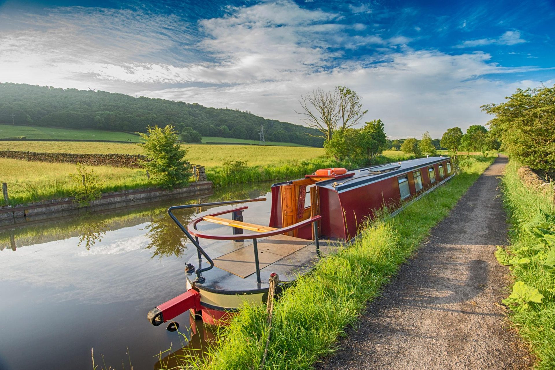 Narrowboat moored on rural canal protected by Ajax marine alarm